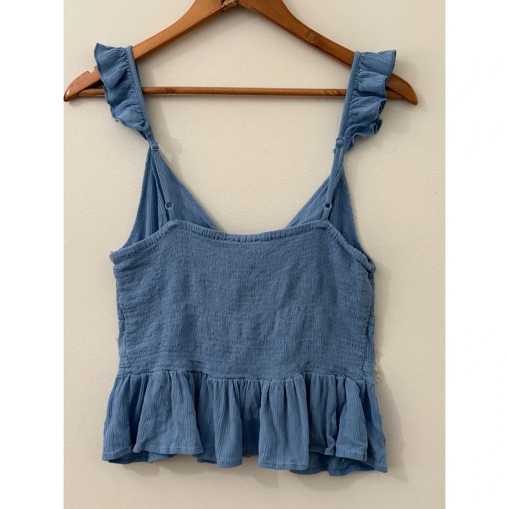 Patrons of Peace Blue Ruffle Strap Tie Front Peplum Tank Top M Boho Rayon Summer